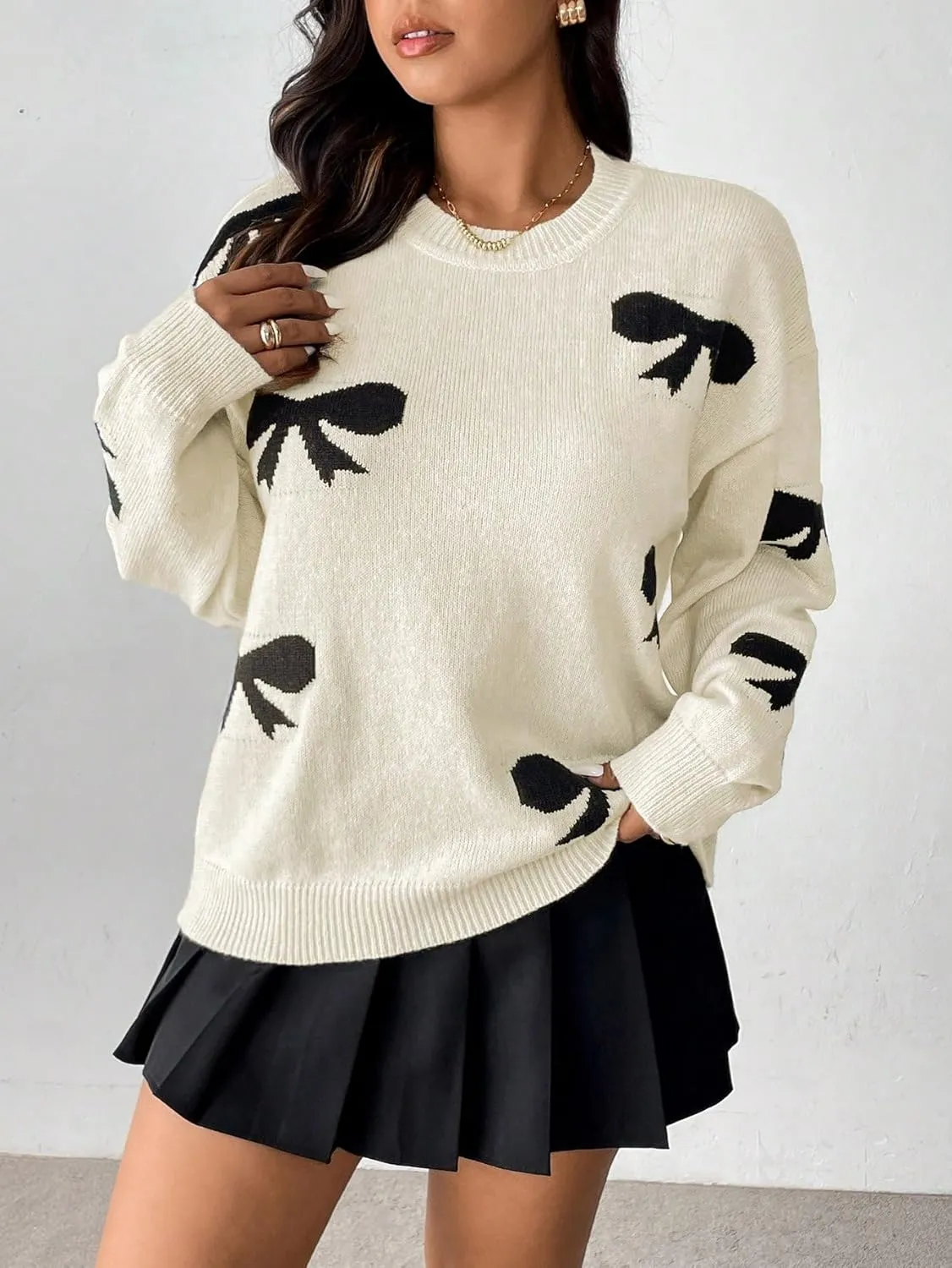 SOLY HUX Women's Plus Size Bow Sweater Y2K Ribbon Sweater with Bows for Women Trendy Knit Pullover Tops Cute Jumpers