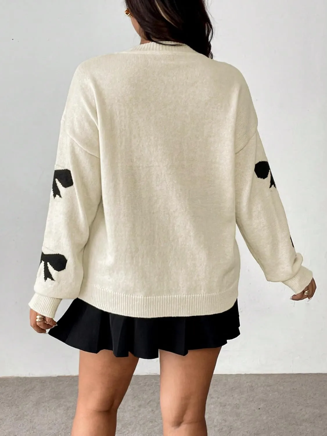 SOLY HUX Women's Plus Size Bow Sweater Y2K Ribbon Sweater with Bows for Women Trendy Knit Pullover Tops Cute Jumpers