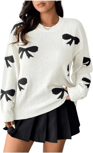 SOLY HUX Women's Plus Size Bow Sweater Y2K Ribbon Sweater with Bows for Women Trendy Knit Pullover Tops Cute Jumpers