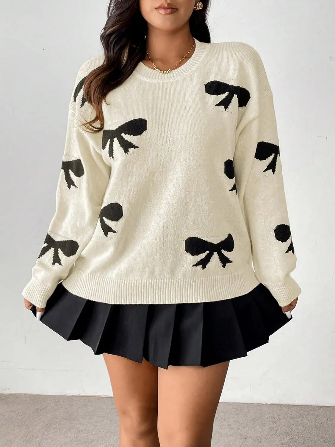 SOLY HUX Women's Plus Size Bow Sweater Y2K Ribbon Sweater with Bows for Women Trendy Knit Pullover Tops Cute Jumpers
