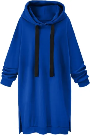 Stessotudo Oversized Long Hoodies for Women Solid Fleece Loose Fit Lounge Sweatshirts Drawstring Casual Comfy Hoodie Dress