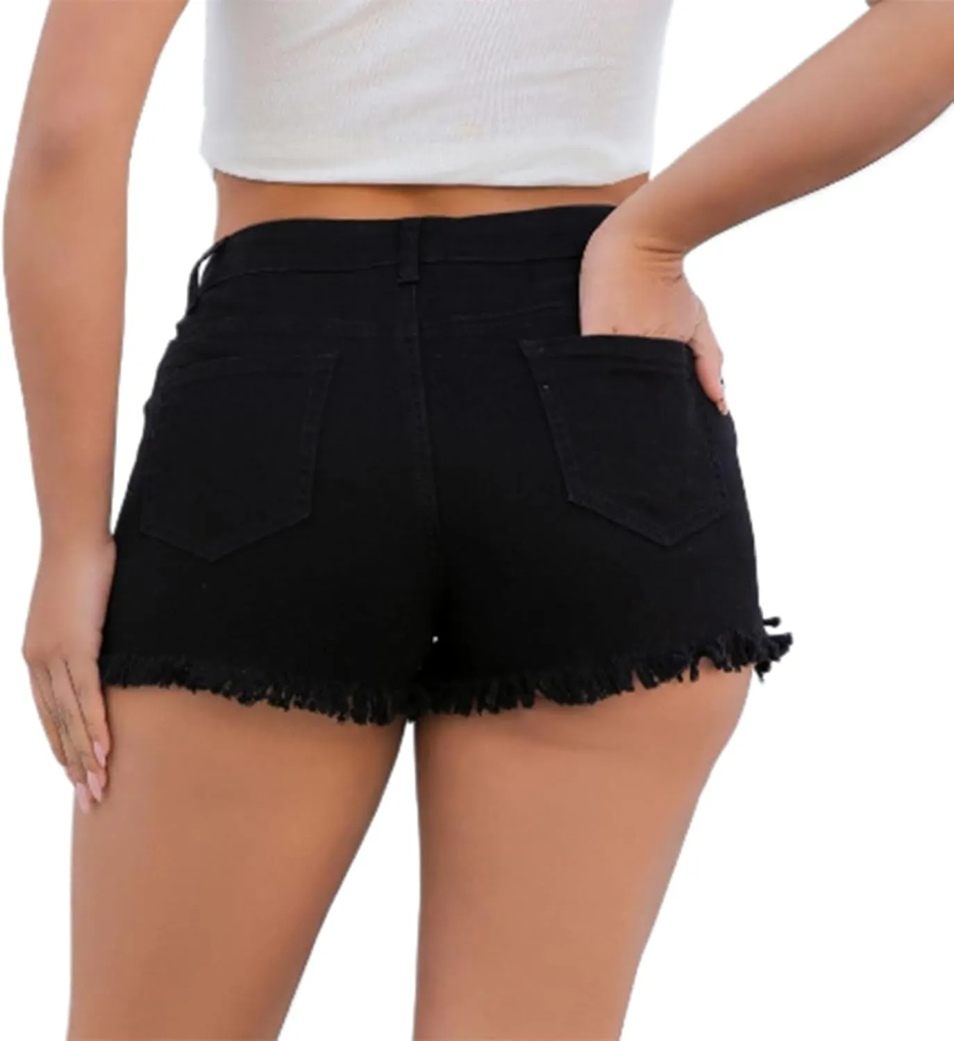 Stretchy Denim Shorts Women Frayed Raw Hemline Ripped Jean Shorts Side Slit Tummy Control High Waisted Mini Short Pants