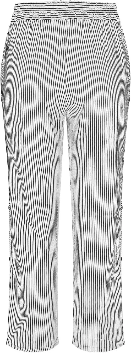 Striped Linen Pants Women Casual Wide Leg Side Button Pants Plus Size Elastic High Waist Loose Trousers with Pocket