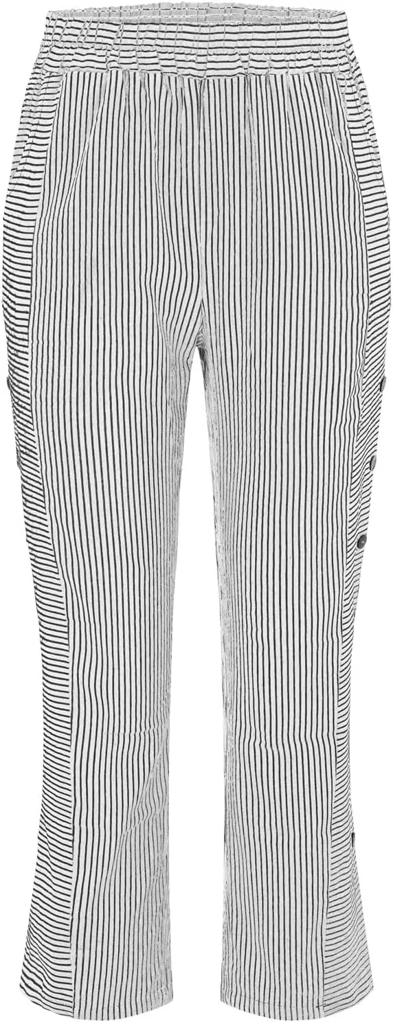 Striped Linen Pants Women Casual Wide Leg Side Button Pants Plus Size Elastic High Waist Loose Trousers with Pocket