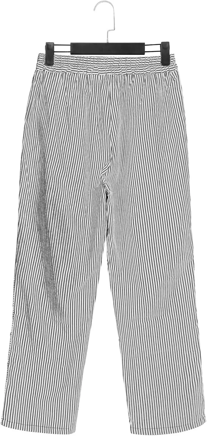 Striped Linen Pants Women Casual Wide Leg Side Button Pants Plus Size Elastic High Waist Loose Trousers with Pocket