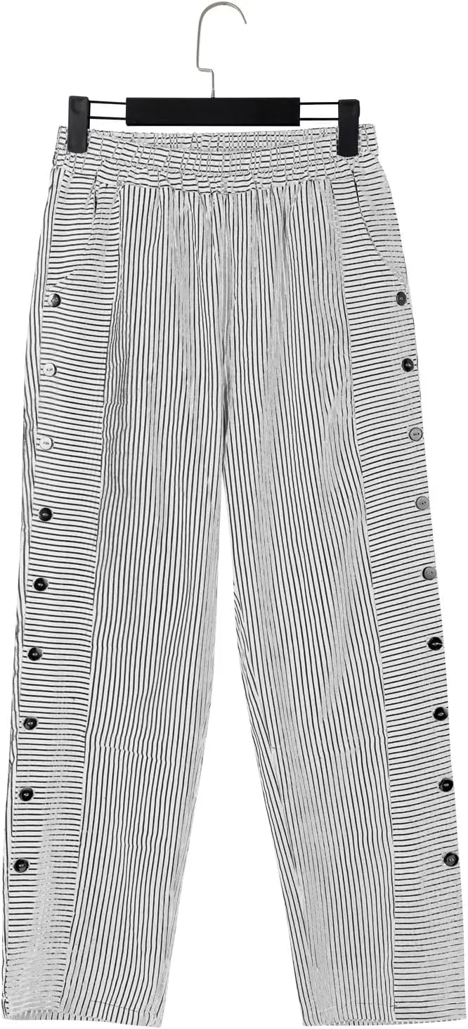 Striped Linen Pants Women Casual Wide Leg Side Button Pants Plus Size Elastic High Waist Loose Trousers with Pocket