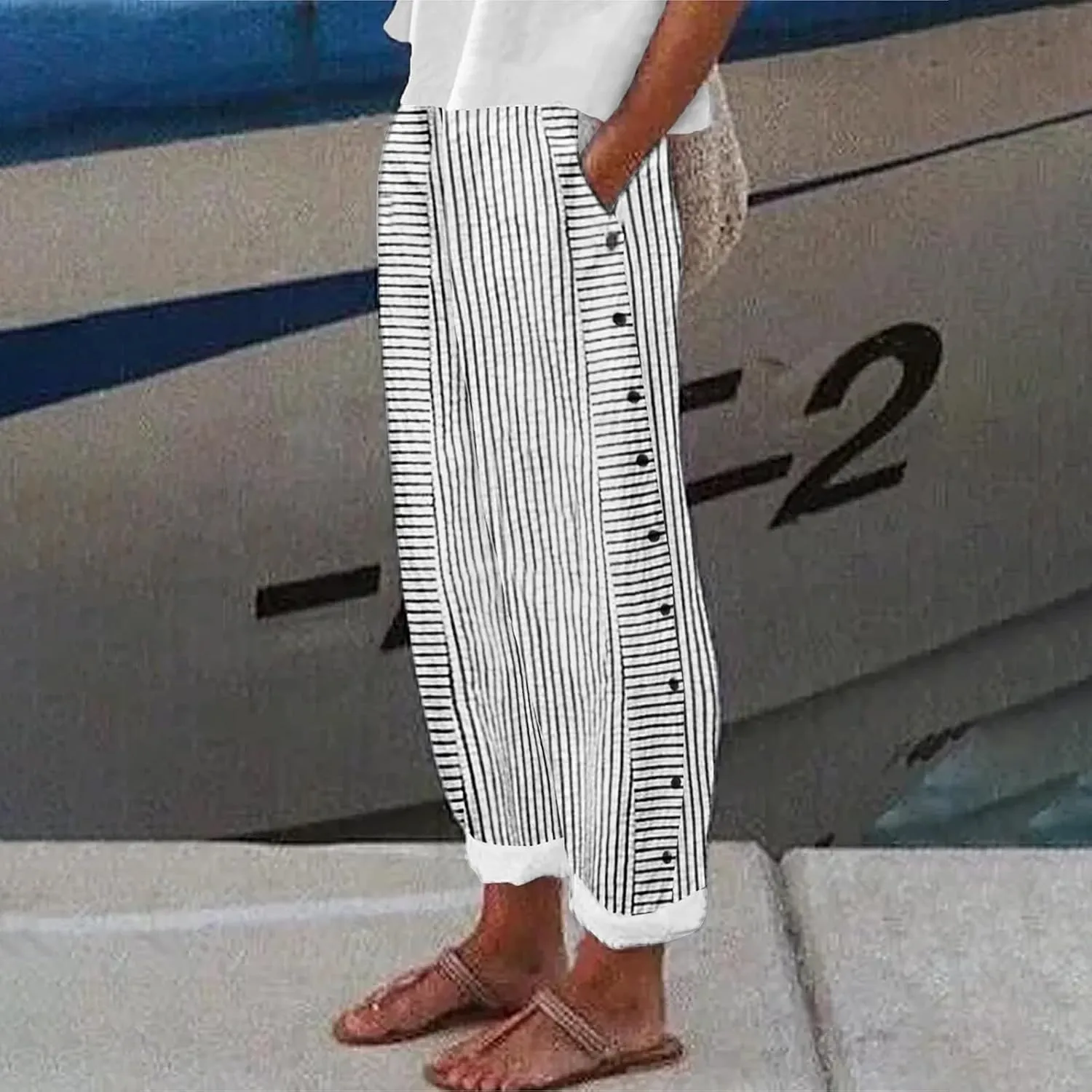 Striped Linen Pants Women Casual Wide Leg Side Button Pants Plus Size Elastic High Waist Loose Trousers with Pocket
