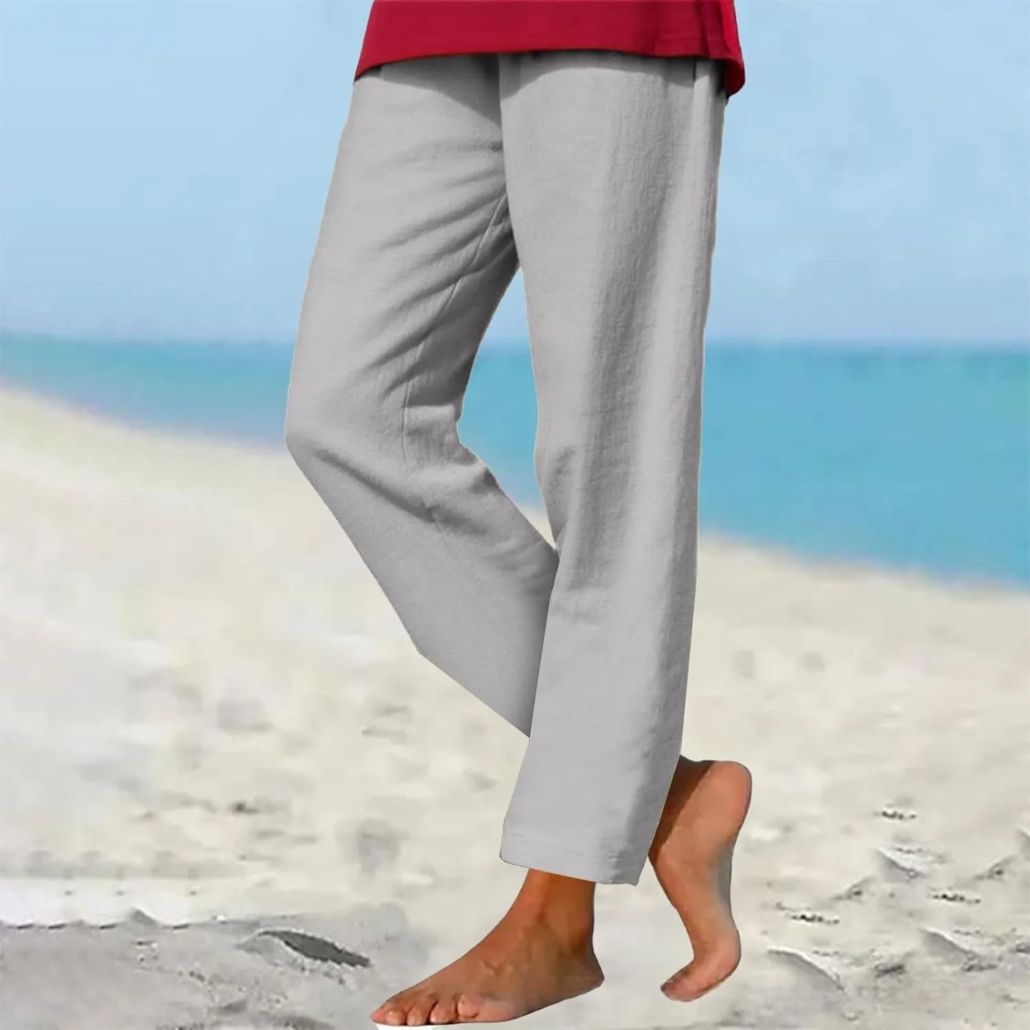 Summer Beach Pants for Women Linen Elastic High Waist Straight Leg Light Causal Cool Lounge Trousers Women Pajamas