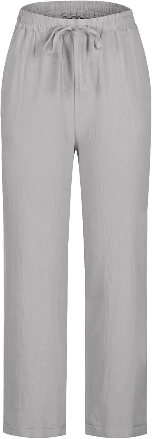 Summer Beach Pants for Women Linen Elastic High Waist Straight Leg Light Causal Cool Lounge Trousers Women Pajamas
