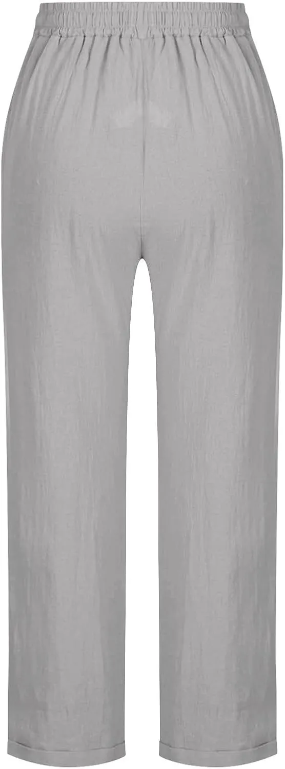 Summer Beach Pants for Women Linen Elastic High Waist Straight Leg Light Causal Cool Lounge Trousers Women Pajamas