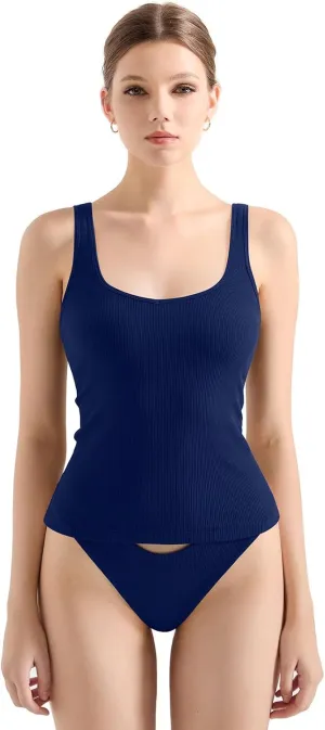 SUUKSESS Women Cotton Ribbed Built in Bra Tank Tops Summer Casual Basic Top
