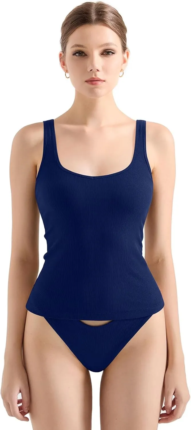 SUUKSESS Women Cotton Ribbed Built in Bra Tank Tops Summer Casual Basic Top