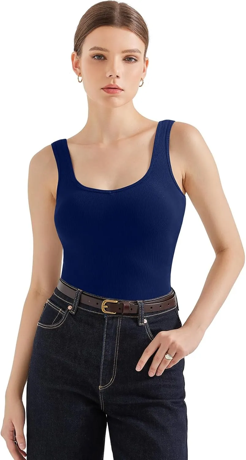 SUUKSESS Women Cotton Ribbed Built in Bra Tank Tops Summer Casual Basic Top