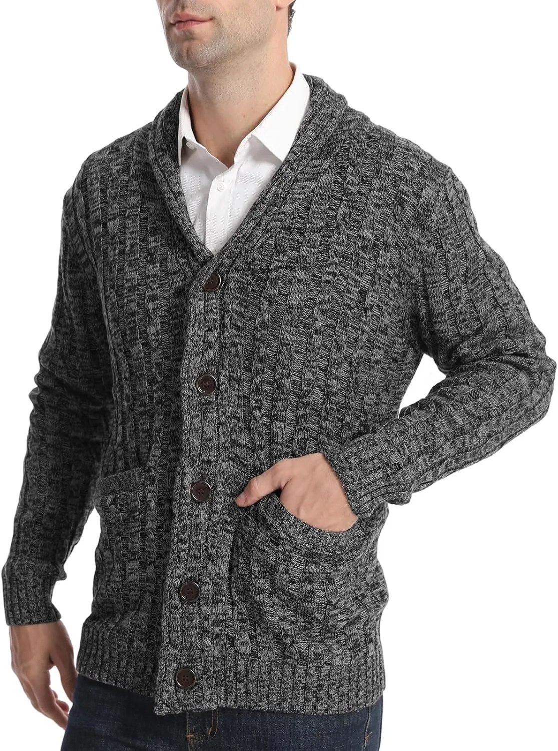 Suwangi Men's Cardigan Sweater Cable Knitted Shawl Collar Cardigans for Men V Neck Long-Sleeve Button-Down Slim Fit Sweater