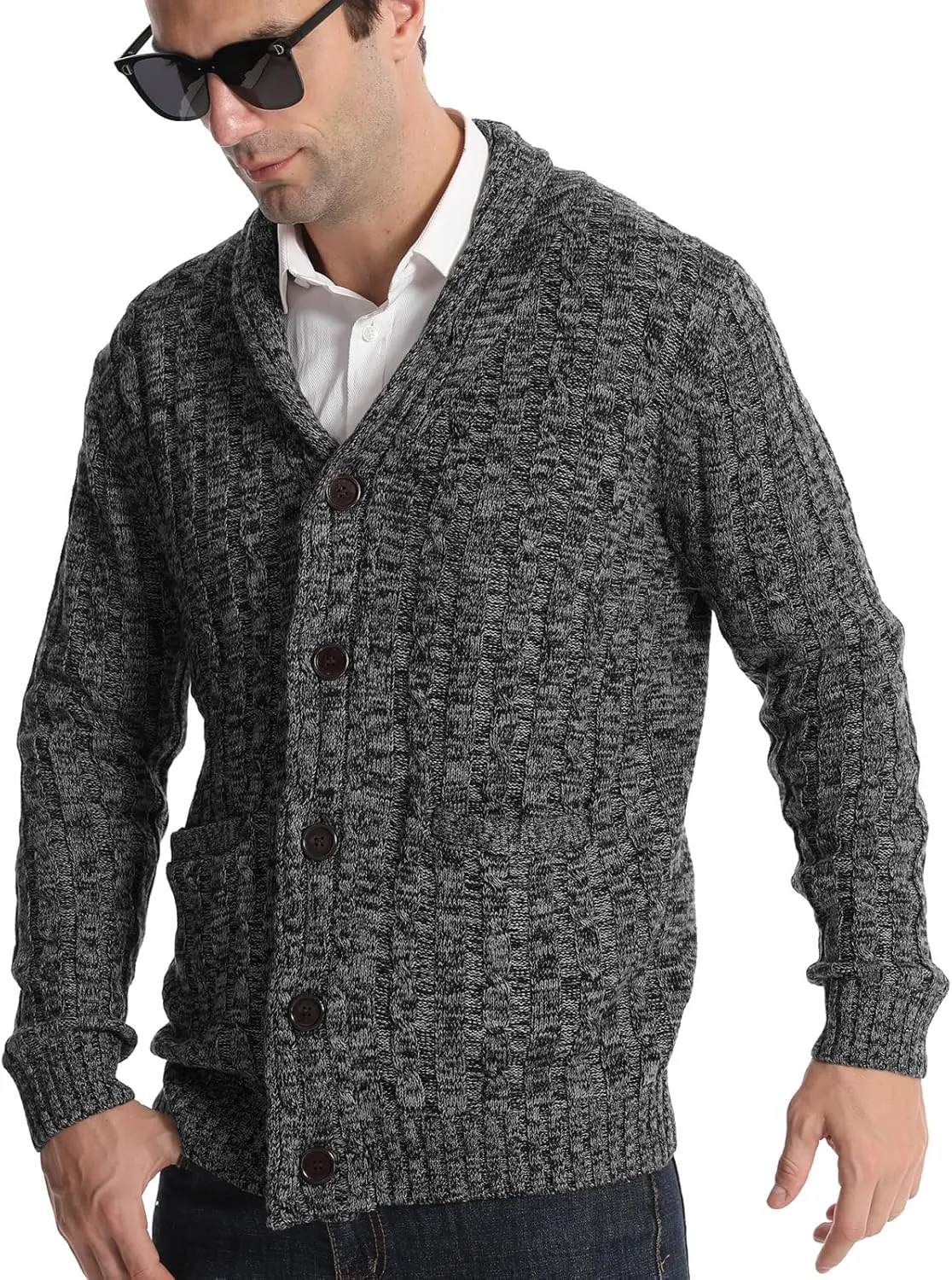 Suwangi Men's Cardigan Sweater Cable Knitted Shawl Collar Cardigans for Men V Neck Long-Sleeve Button-Down Slim Fit Sweater