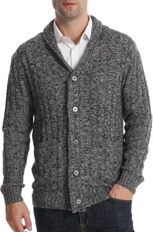 Suwangi Men's Cardigan Sweater Cable Knitted Shawl Collar Cardigans for Men V Neck Long-Sleeve Button-Down Slim Fit Sweater