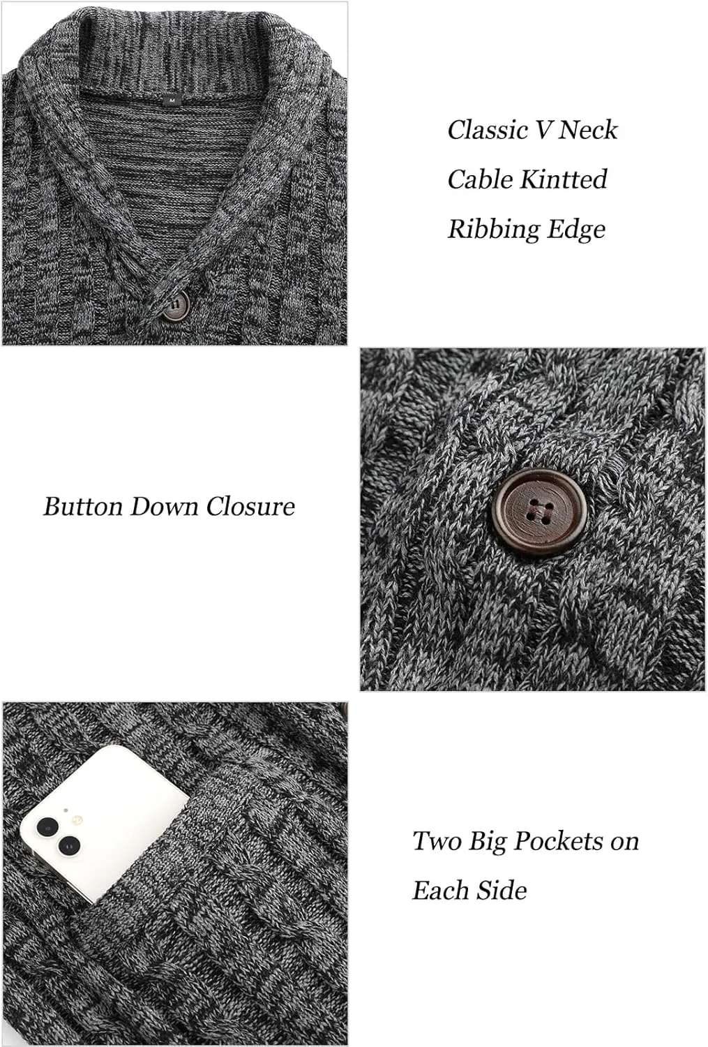 Suwangi Men's Cardigan Sweater Cable Knitted Shawl Collar Cardigans for Men V Neck Long-Sleeve Button-Down Slim Fit Sweater