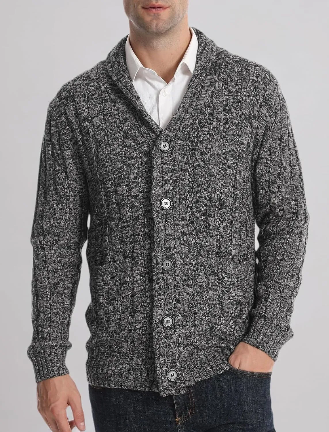 Suwangi Men's Cardigan Sweater Cable Knitted Shawl Collar Cardigans for Men V Neck Long-Sleeve Button-Down Slim Fit Sweater