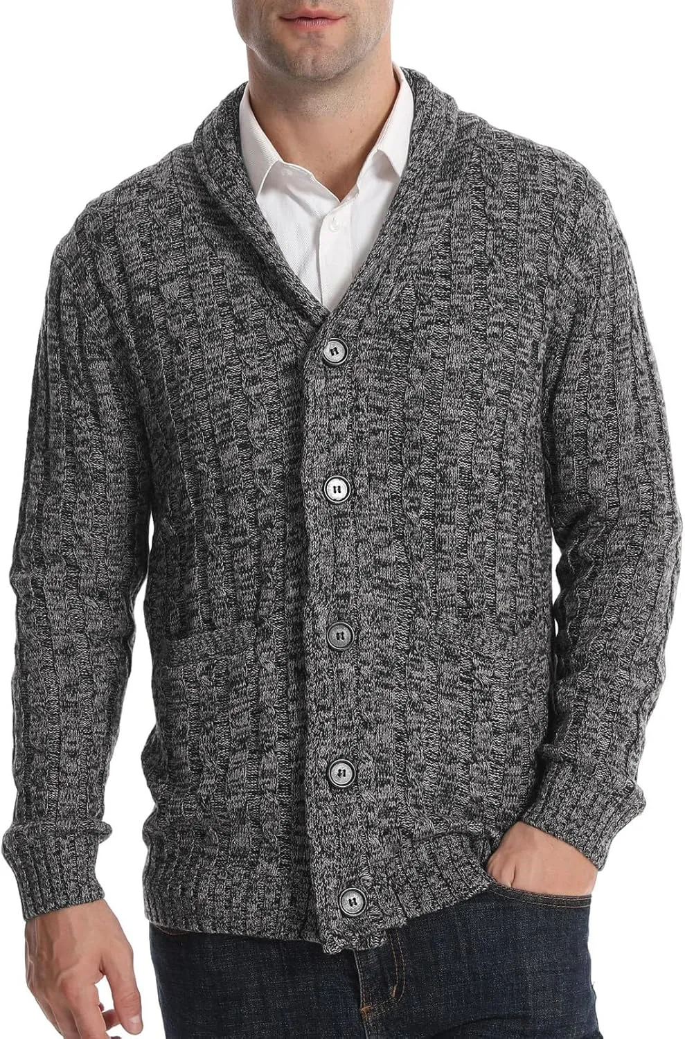 Suwangi Men's Cardigan Sweater Cable Knitted Shawl Collar Cardigans for Men V Neck Long-Sleeve Button-Down Slim Fit Sweater
