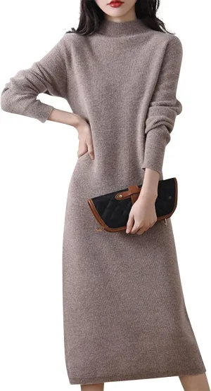 Sweater Dress for Women Trendy Half High Collar Knitted Dress Casual Fall Winter Long Sleeve Elegant Midi Dress