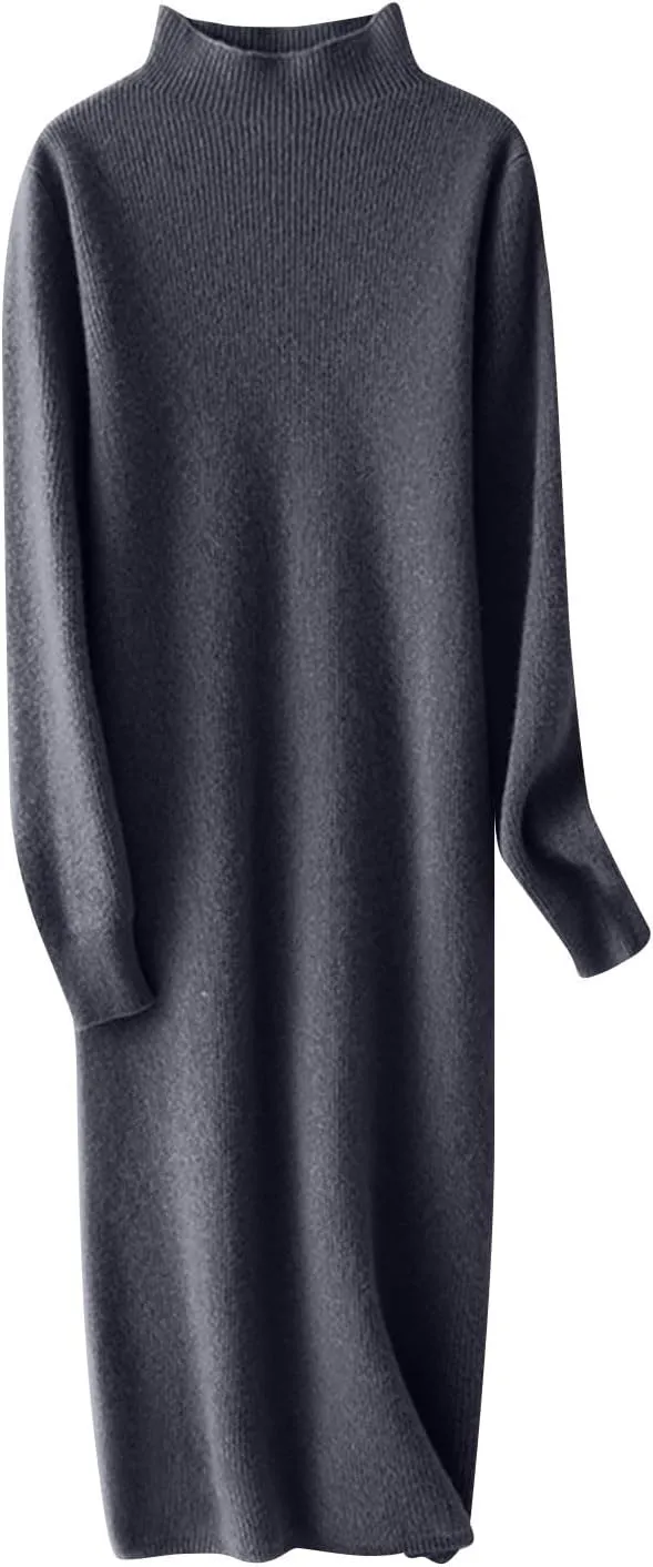 Sweater Dress for Women Trendy Half High Collar Knitted Dress Casual Fall Winter Long Sleeve Elegant Midi Dress