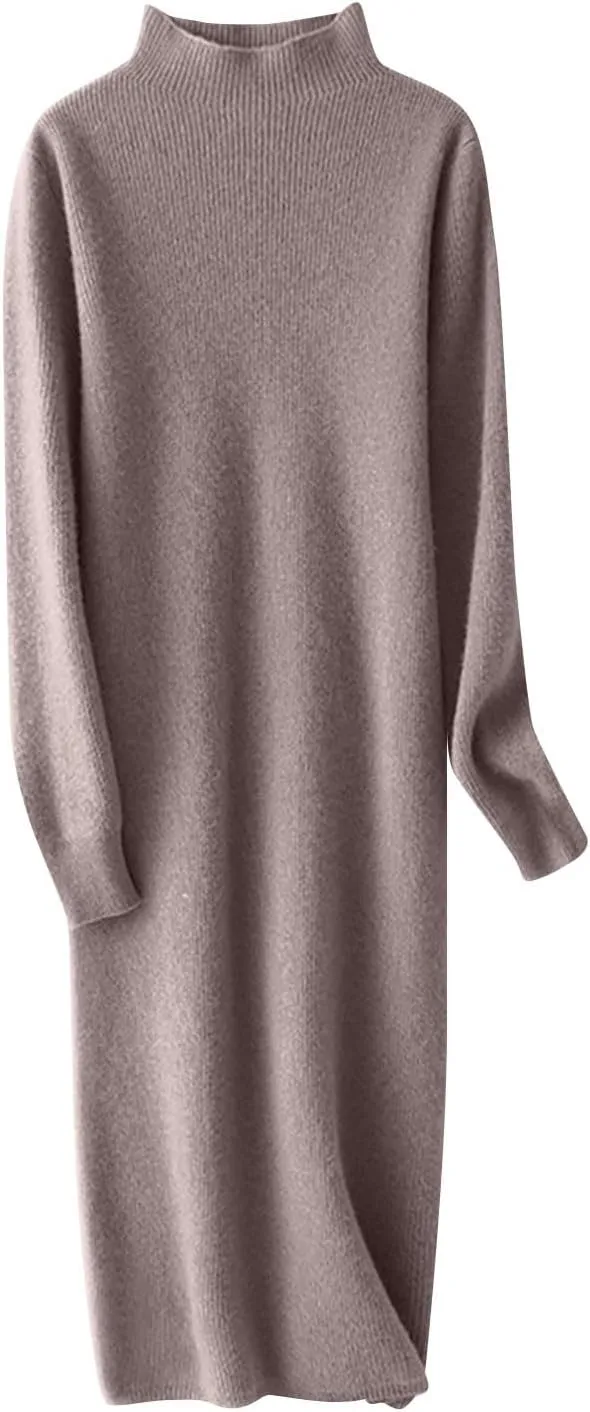 Sweater Dress for Women Trendy Half High Collar Knitted Dress Casual Fall Winter Long Sleeve Elegant Midi Dress