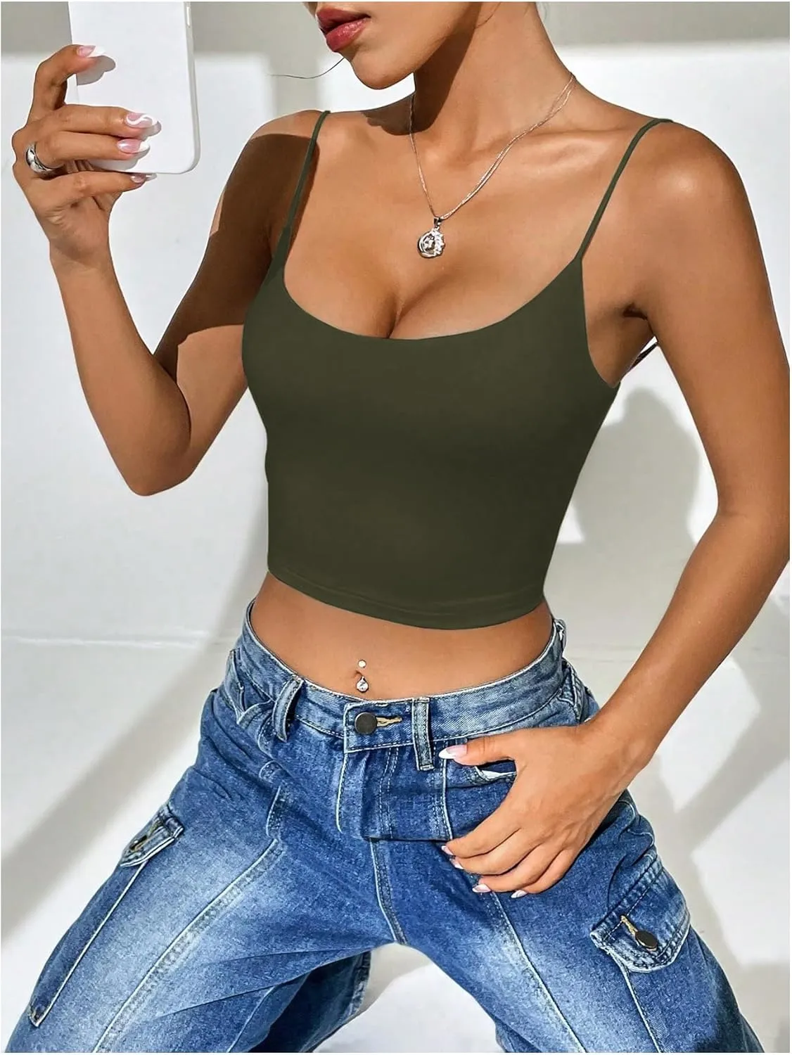 SweatyRocks Women's Basic Spaghetti Strap Scoop Neck Backless Slim Fit Camisole Crop Top