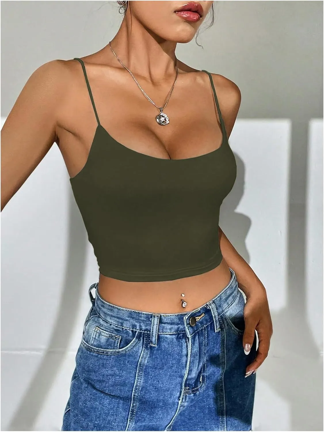 SweatyRocks Women's Basic Spaghetti Strap Scoop Neck Backless Slim Fit Camisole Crop Top