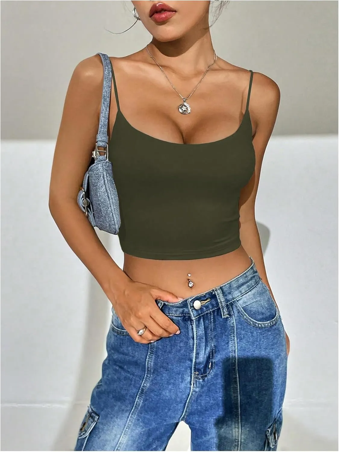 SweatyRocks Women's Basic Spaghetti Strap Scoop Neck Backless Slim Fit Camisole Crop Top