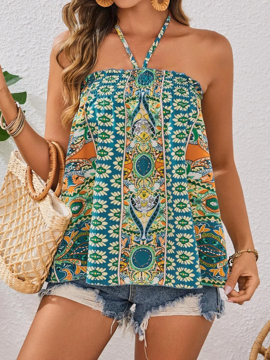 SweatyRocks Women's Boho Floral Print Backless Halter Top Summer Sleeveless Cami Tank Tops
