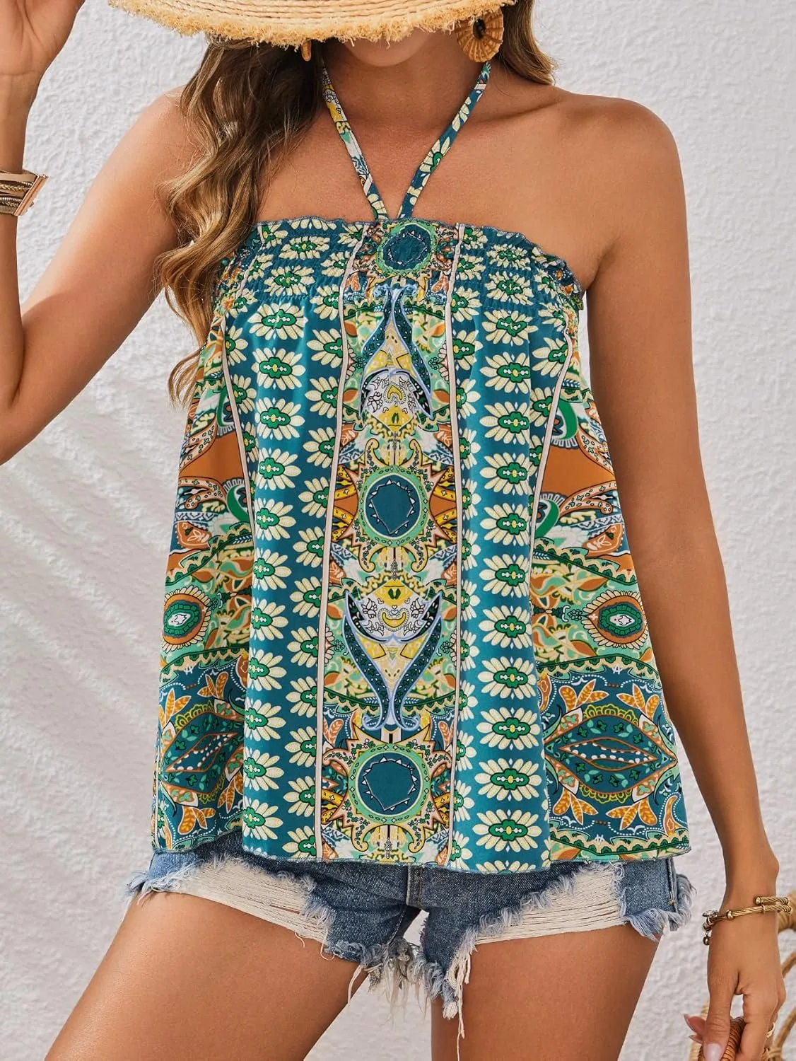 SweatyRocks Women's Boho Floral Print Backless Halter Top Summer Sleeveless Cami Tank Tops