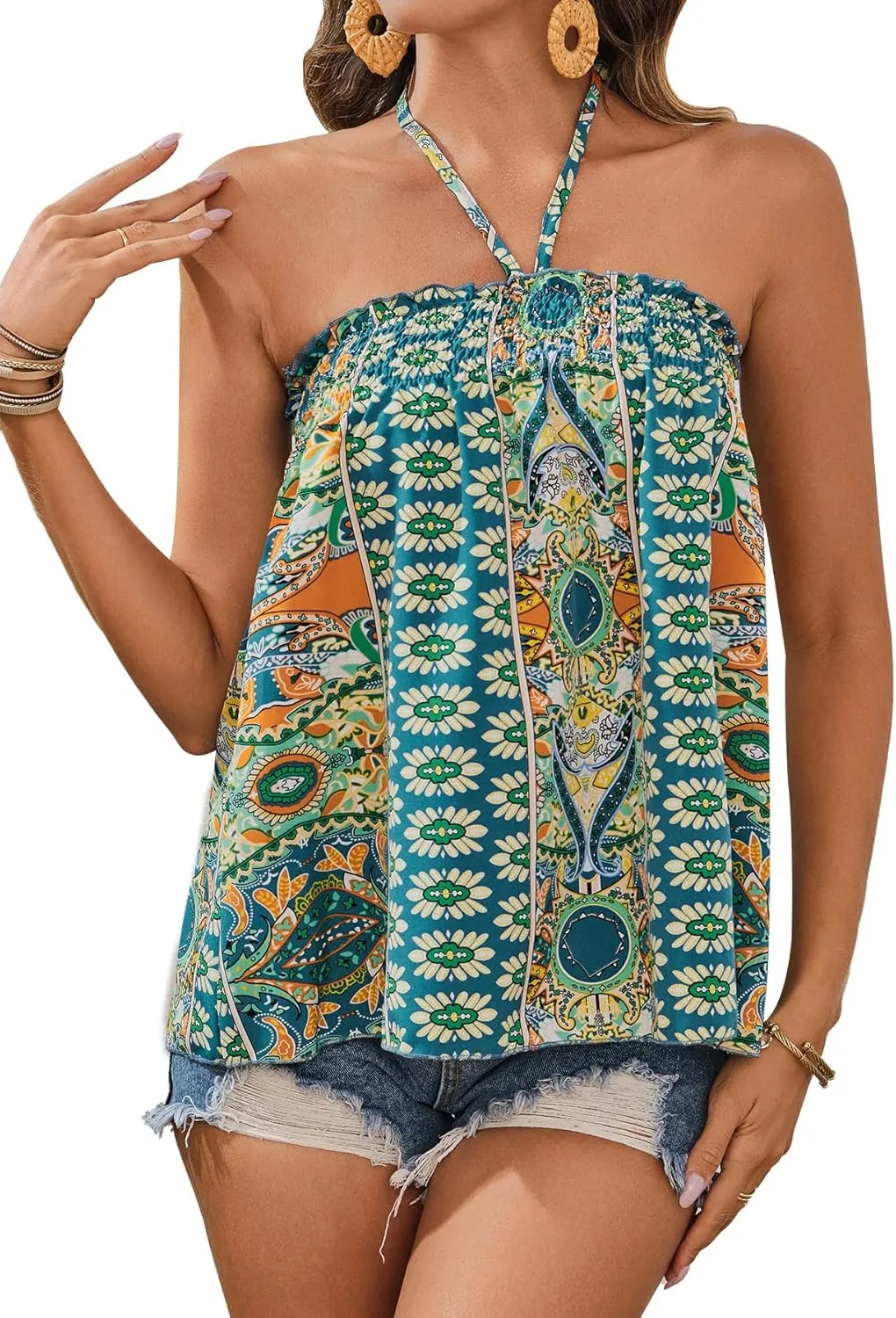 SweatyRocks Women's Boho Floral Print Backless Halter Top Summer Sleeveless Cami Tank Tops