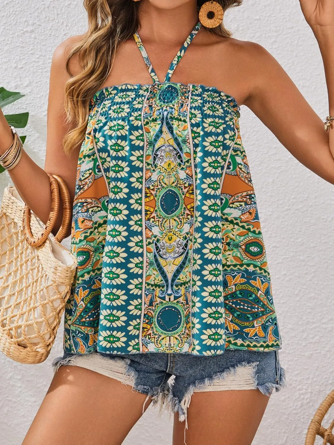 SweatyRocks Women's Boho Floral Print Backless Halter Top Summer Sleeveless Cami Tank Tops