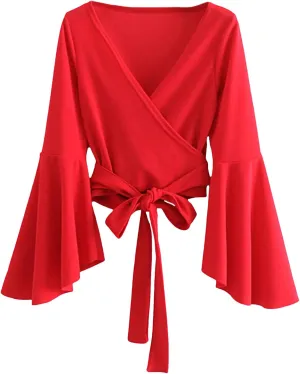 SweatyRocks Women's Long Sleeve V Neck Tie Knot Bandage Wrap Blouse Crop Top