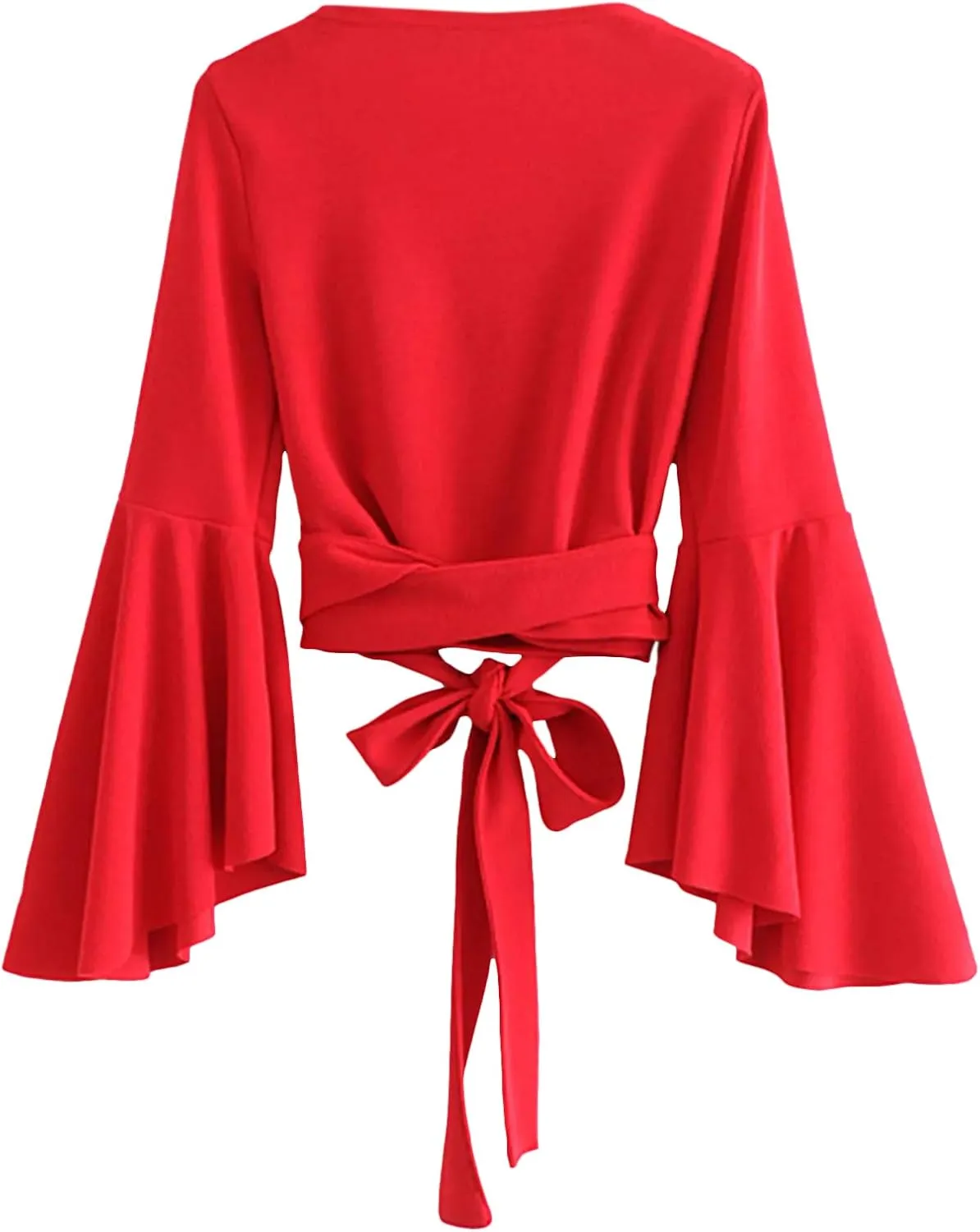 SweatyRocks Women's Long Sleeve V Neck Tie Knot Bandage Wrap Blouse Crop Top