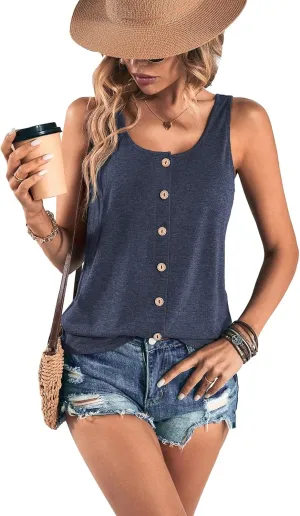SweatyRocks Women's Scoop Neck Button Front Tank Top Casual Solid Sleeveless T Shirt