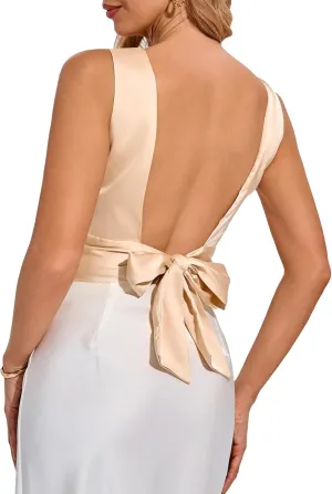SweatyRocks Women's Tie Backless Round Neck Satin Blouses Shirts Ruched Sleeveless Tank Top