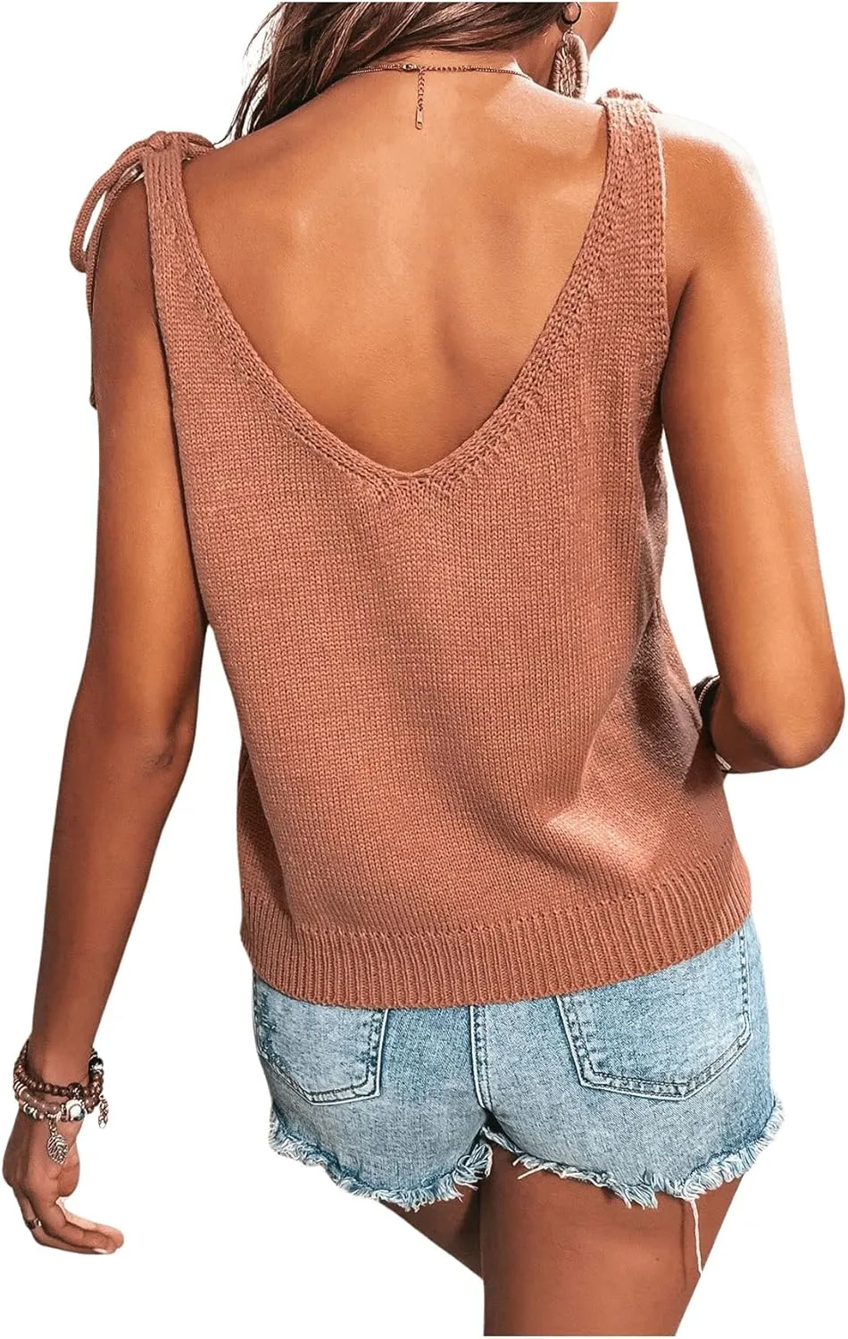 SweatyRocks Women's Tie Knot Shoulder Deep V Neck Knitted Camisole Sweater Vest Top