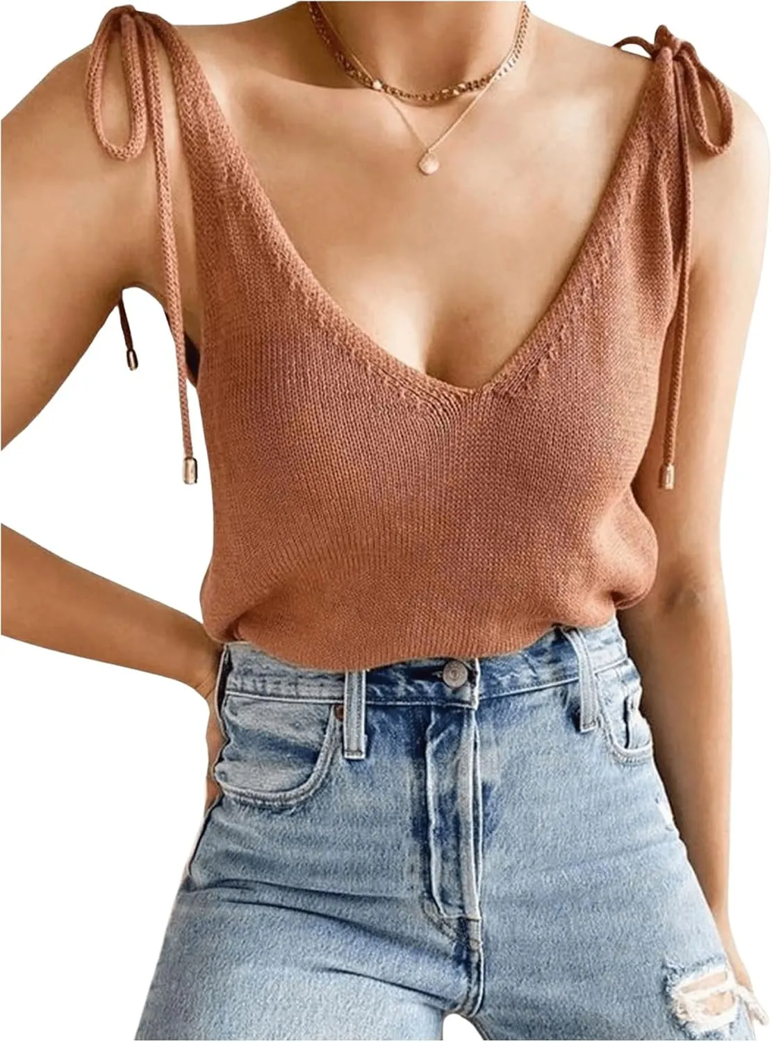 SweatyRocks Women's Tie Knot Shoulder Deep V Neck Knitted Camisole Sweater Vest Top
