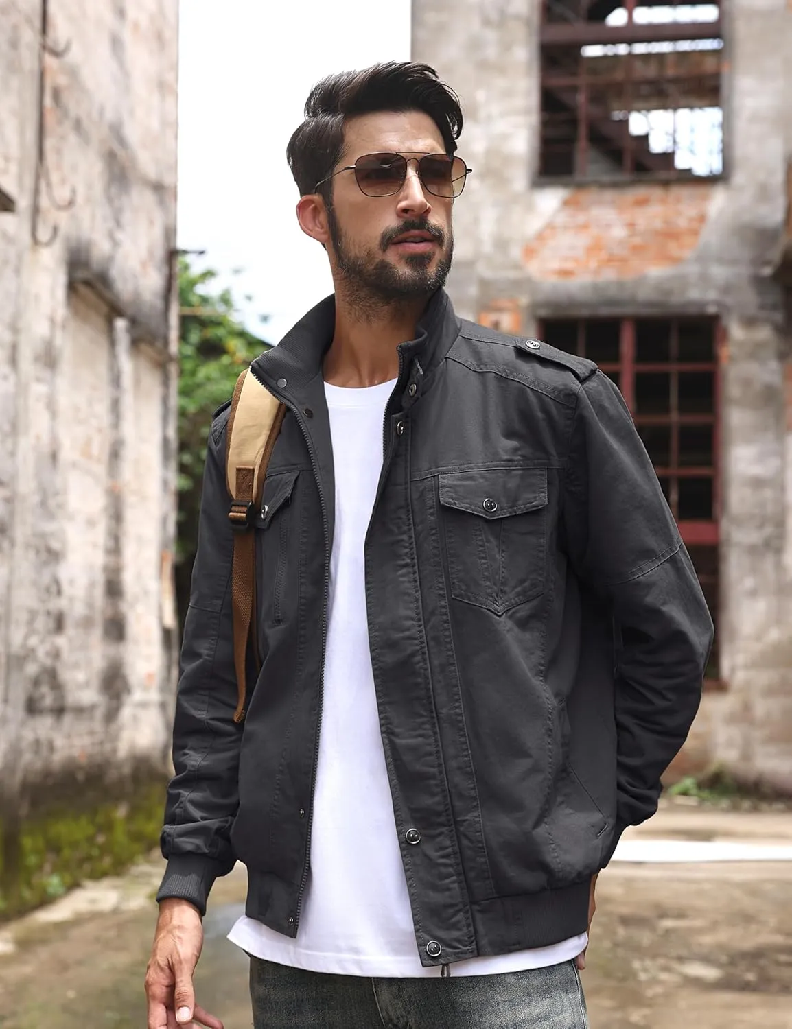 TACVASEN Men's Military Lightweight Jacket Army Cargo Windbreaker Zip Front Stand Collar Cotton Jackets with Multi Pockets