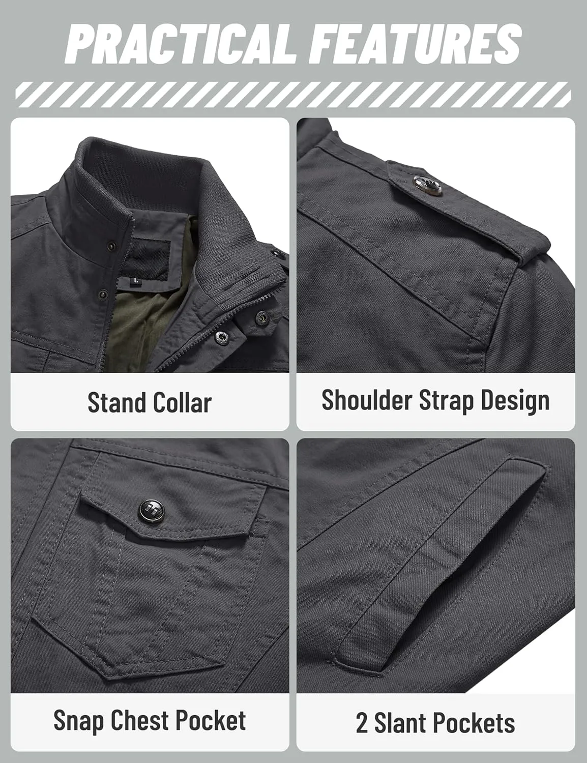 TACVASEN Men's Military Lightweight Jacket Army Cargo Windbreaker Zip Front Stand Collar Cotton Jackets with Multi Pockets
