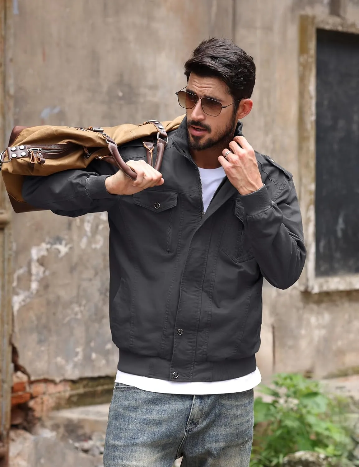 TACVASEN Men's Military Lightweight Jacket Army Cargo Windbreaker Zip Front Stand Collar Cotton Jackets with Multi Pockets