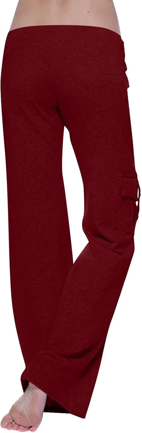 TANGNADE Womens Cargo Pants High Waist Wide Leg Pants with Pockets Drawstring Yoga Workout Leggings Gym Trouser Pants