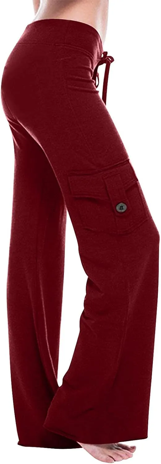 TANGNADE Womens Cargo Pants High Waist Wide Leg Pants with Pockets Drawstring Yoga Workout Leggings Gym Trouser Pants