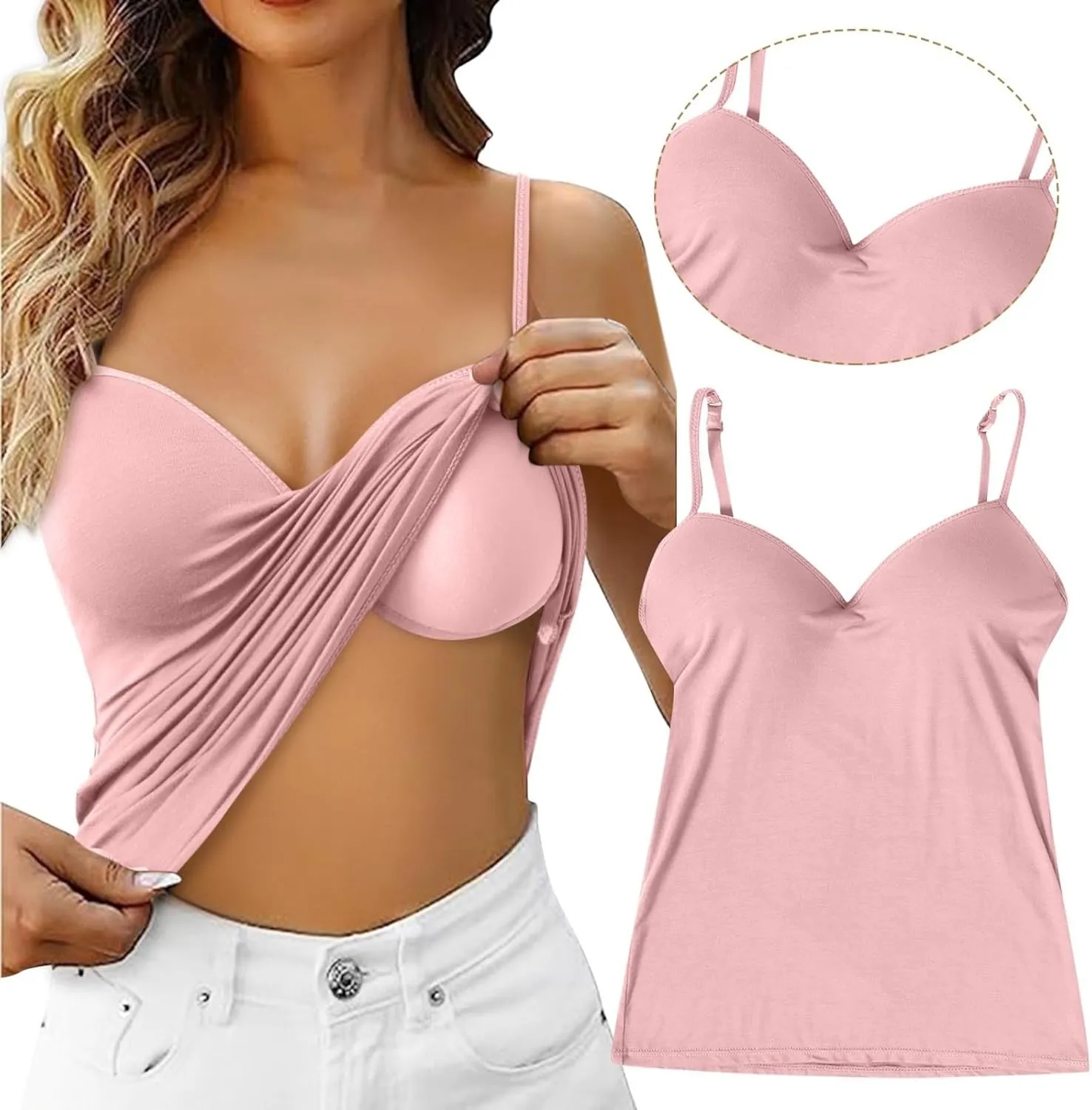 Tank Top with Built in Bra for Women Sleeveless Strappy Summer Cropped Camisole Yoga Tops Workout Sports Padded Cami Clothes