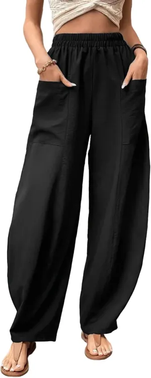 TIAFORD Women's High Waist Baggy Linen Wide Leg Trousers Casual Solid Color Elastic Waist Harem Pants with Front Pockets