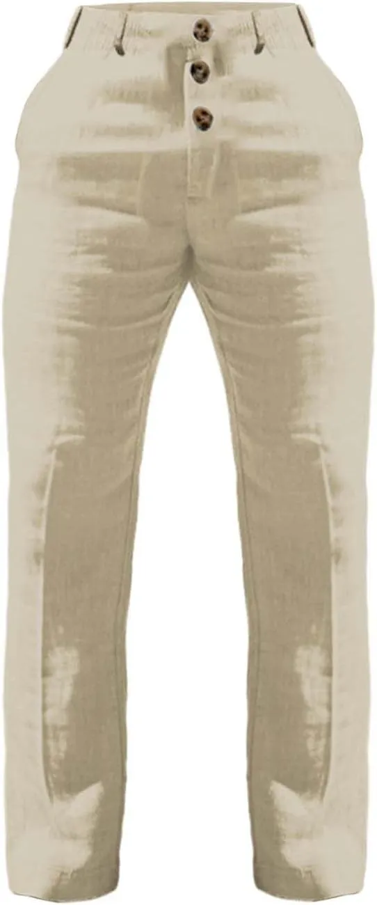 Tready Cruise Wear for Men Linen Cotton Straight Wide Leg Casual Trousers Summer Breathable Beach Yoga Pant with Pockets