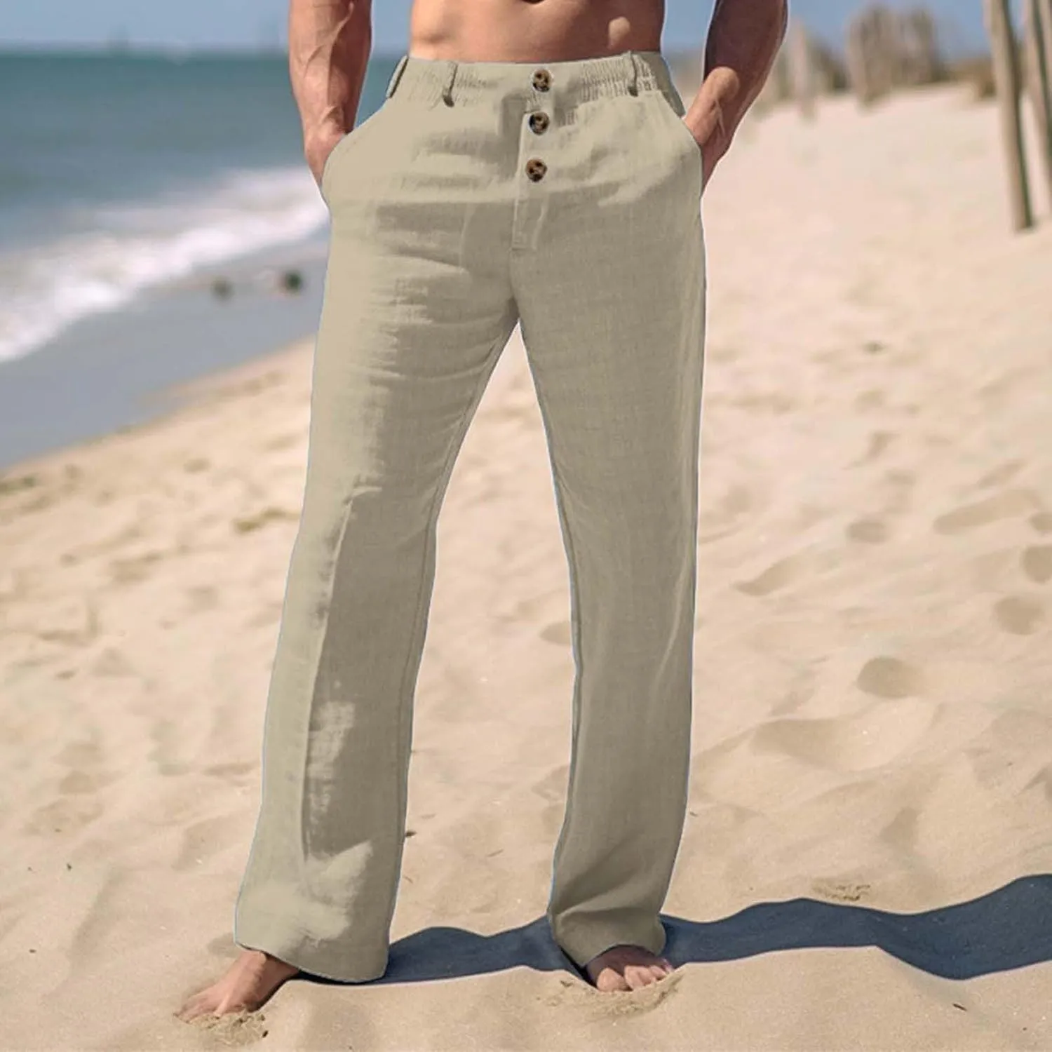 Tready Cruise Wear for Men Linen Cotton Straight Wide Leg Casual Trousers Summer Breathable Beach Yoga Pant with Pockets