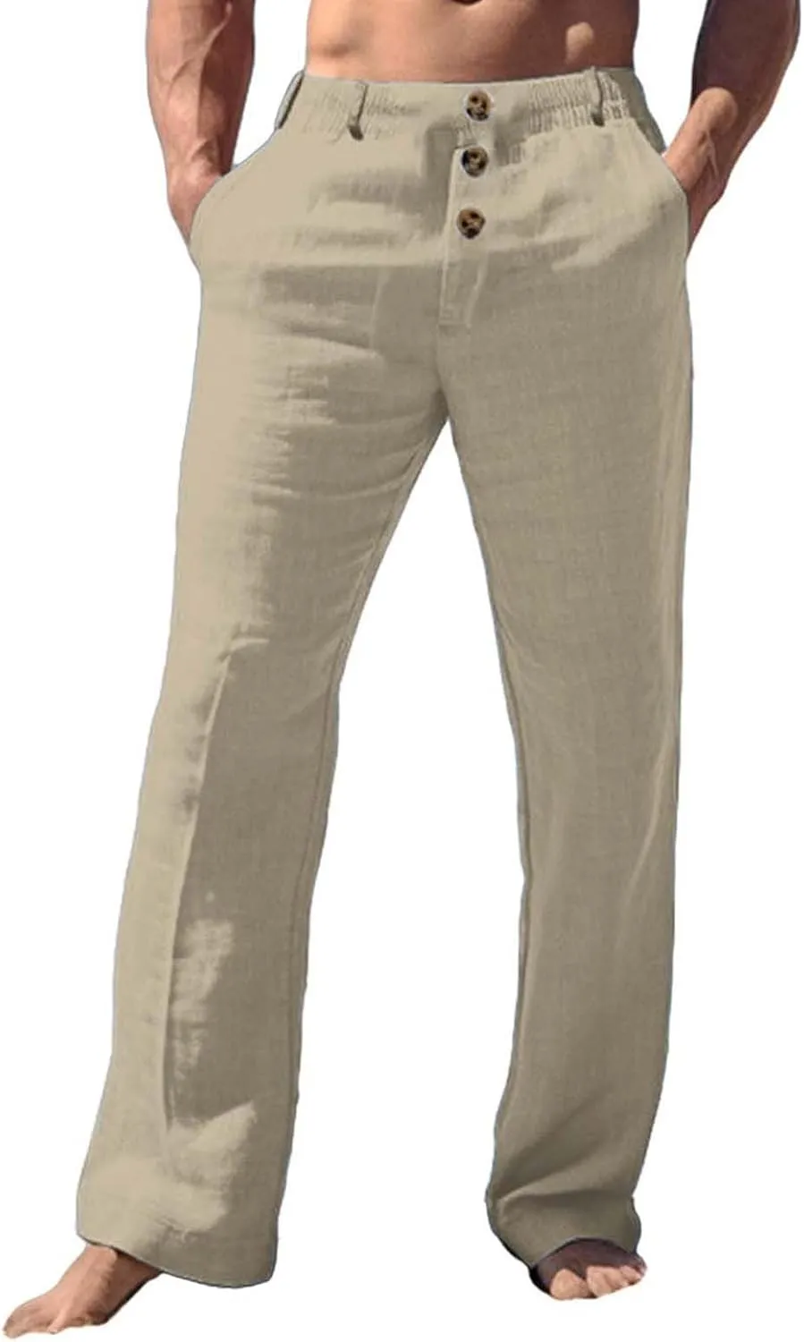 Tready Cruise Wear for Men Linen Cotton Straight Wide Leg Casual Trousers Summer Breathable Beach Yoga Pant with Pockets