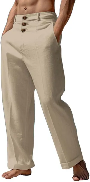 Tready Cruise Wear for Men Linen Cotton Straight Wide Leg Casual Trousers Summer Breathable Beach Yoga Pant with Pockets